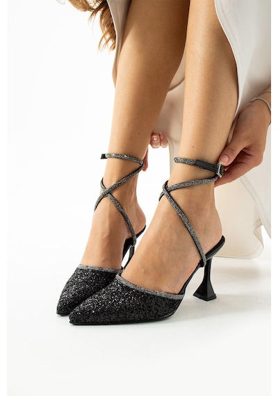 Duxal Shoes Hector Cam Kırıntıları Bilekten Dolamalı Topuklu Ayakkabı Dx00hector Siyah