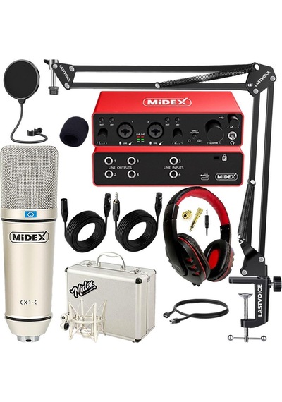 Midex Functional Paket-3 Stüdyo Ekipmanları Mikrofon 4 Çıkış Ses Kartı Full Set