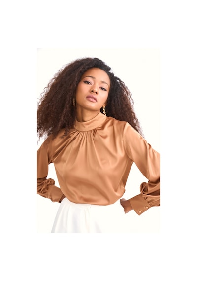 Sateen Yaka Detaylı Saten Bluz - Camel