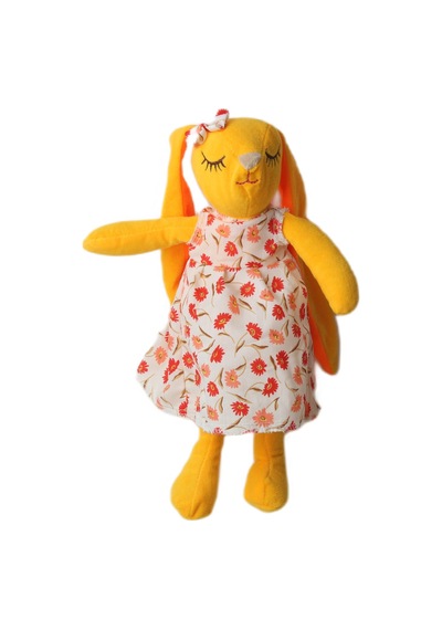 İthal Kumaş Uzun Kulaklı Renkli Kıyafetli Sevimli Tavşan Peluş Oyuncak Uyku & Oyun Arkadaşı 30 Cm. Sarı
