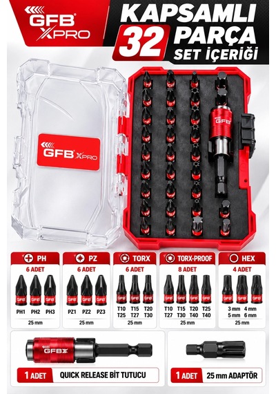 Gfb Xpro 32 Parça Tornavida Uç Seti Quick Release Bit Tutuculu, Ph/pz/hex/torx/torx-proof Uçlu Kom
