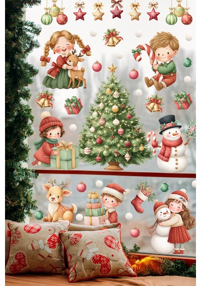 Yılbaşı Temalı Çocuk Odası Cam Sticker Seti Çam Ağacı, Kardan Adam, Hediye Noel Figürleri 44 Parça Dijital Baskı