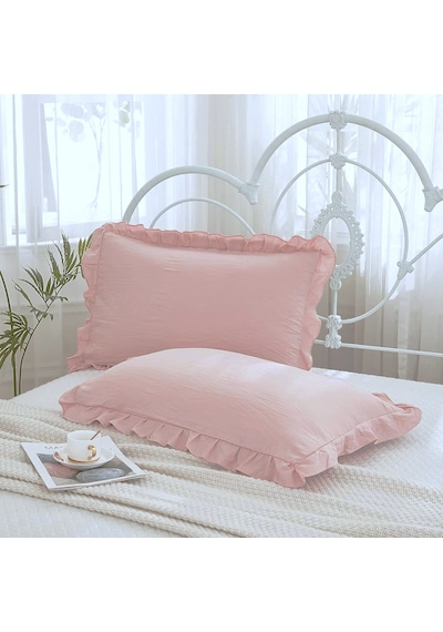 %100 Pamuklu Pembe Lilak Fırfırlı İki Adet 50x70 Yastık Kılıfı