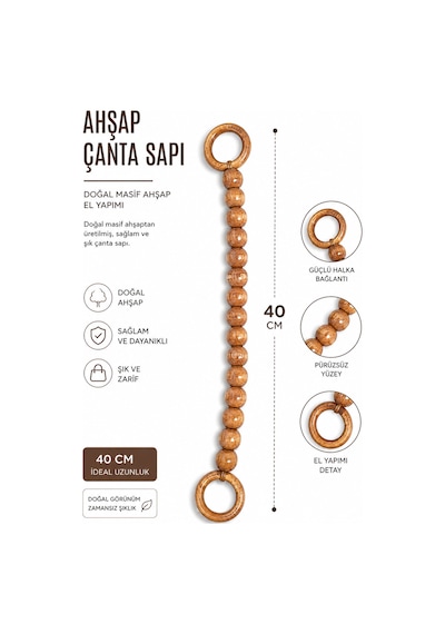 Vollen Yarn Doğal Masif Ahşap Çanta Sapı 40 Cm El Yapımı Boncuklu Çanta Kulpu Dayanıklı Çanta Aksesuarı Bej