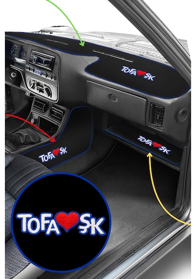 Tofaş Şahin Doğan Kartal Torpido Koruma & Vites Konsol Yan Halı & Sehpa Örtüsü Mavi Şeritli Nakış Siyah