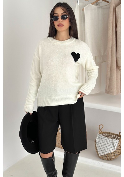 Noa & Noa Kadın Kalpli Kalın Triko Kazak Oversize & Minimal Romantik Stil Beyaz