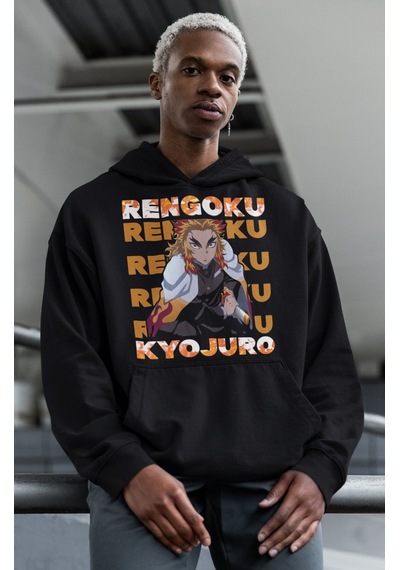 Sevbano Rengoku Kyojuro Baskılı Unisex Oversize Kimetsu No Yaiba Anime Ho Siyah