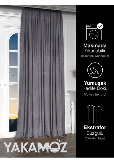Yakamoz Kadife Görünüm Karanlık Gri Ada Fon Perde Ekstraforlu Velvet Touch Serisi Karanlık Gri