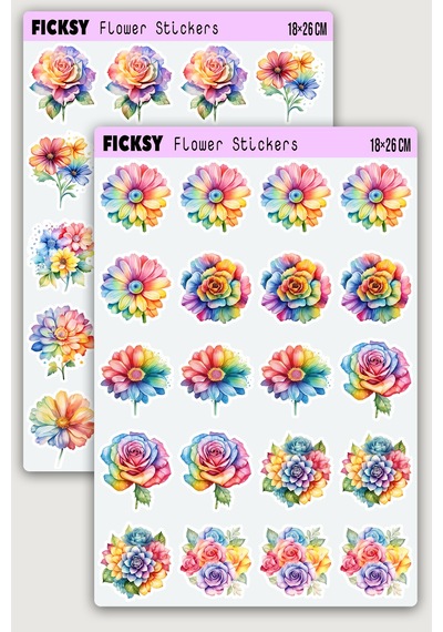Gökkuşağı Renkli Çiçek Sticker Seti - 40 Adet Etiket Çıkartma Diğer