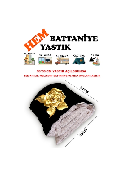 Altın Gül Desen Baskılı Tv Battaniyeli Opsiyonel Dekoratif Hediye Yastık Battaniye 2in1 Gifts Çok Renkli