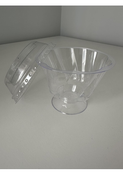 Papatya Ayaklı Kristal Tatlı Kasesi - Mika Plastik Kap - Şeffaf - Kapaklı - 180 Ml/cc - 50 Adet