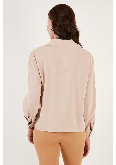 Lela V Yaka Çift Cepli Regular Fit Dokuma Bayan Gömlek 611Go00016 Taş