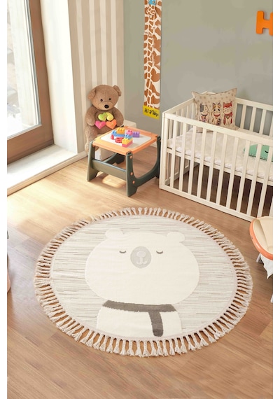 Bercairo Kids 9272 Ayıcıklı Hayvan Figürlü Yuvarlak Dokuma Çocuk Odası Halısı Yumuşak Bebek Odası Halısı Krem