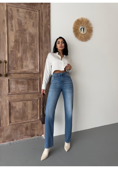 Kadın Straight Likralı Yüksek Bel Boru Paça Kot Pantolon Koyu Mavi Mavi+koyu Mavi