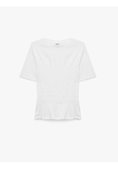 Koton Pamuklu Slim Fit Bisiklet Yaka Kısa Kollu Bel Vurgulu Büzgülü Tişört Beyaz 7wak50084ek