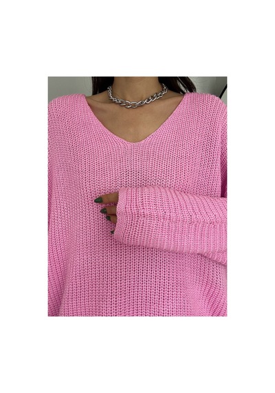 Fiolin Kadın Pembe V Yaka Selanik Örgü Oversize Triko Kazak