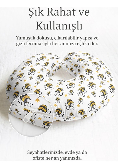 Sevimli Arı Desenli Pamuklu Boyun Yastığı - Çocuk & Yetişkin Sarı Beyaz Yumuşak Seyahat Yastığı Koyu Taş Gece Mavisi