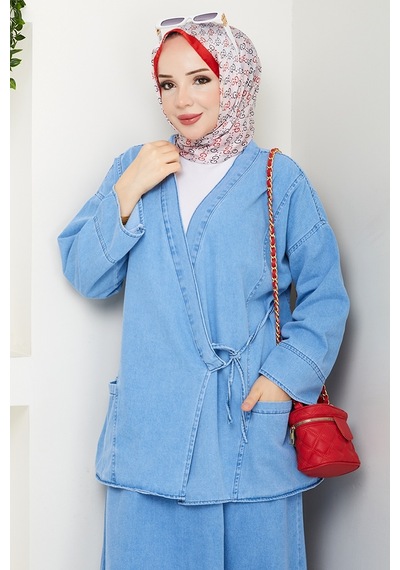 Bestenur Kimono Etek İkili Kot Takım 1531 - Açık Mavi Açık Mavi
