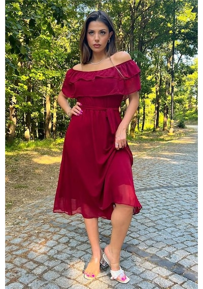 Neşeli Butik Kadın Bağlama Detaylı Madonna Yaka Yeni Sezon Şifon Elbise Nb8060 Bordo