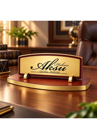 Bk Gift Kişiye Özel Ahşap Masa İsimliği Gold Plakalı Bk27 -2 Çok Renkli