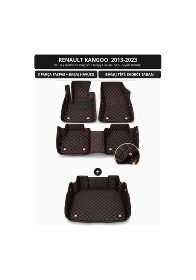 Renault Kangoo 2013-2023 Uyumlu 8d Tek Katmanlı Paspas + Bagaj Havuzu Seti Siyah Kırmızı