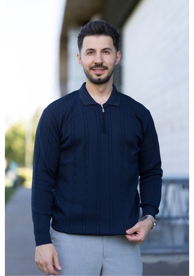 Hk Premium Triko Kazak Polo Yaka Fermuarlı Slim Fit Lacivert