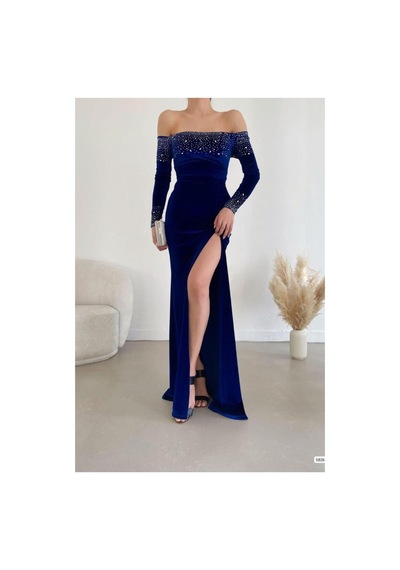 Lior Design Kadın Trend Model Esnek Kadife Kumaş Yırtmaçlı Uzun Kollu Abiye Elbise Saks