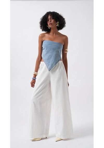 Defymoda Bağlamalı Denim Crop Mavi