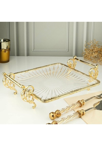 Royking 25 25 Cm Kare Gold Kenarlı Ayaklı Cam Servis & Sunum Tabağı Şık Ve Dekoratif Gold - Şeffaf