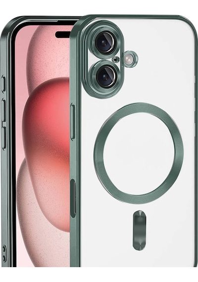 Apple Uyumlu iPhone 17 İçin Magsafe İle Kılıf Kamera Lensli Korumalı Şeffaf Silikon Kapak Koyu Yeşil