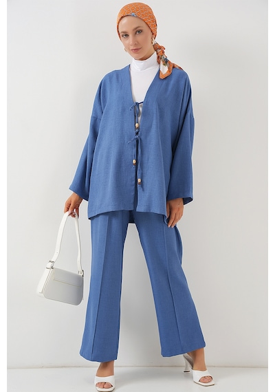 Bigdart Kadın Keten Kimono İkili Takım 6727 - İndigo