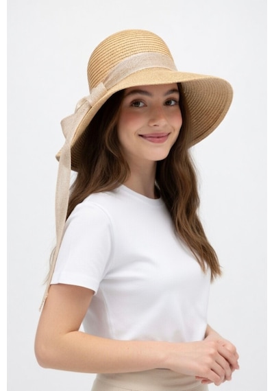 Mollycrush Kadın Camel Hasır Fiyonk Detaylı Plaj Şapkası Geniş Kenarlı Güneş Koruyucu Yazlık Bohem Fötr Camel