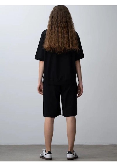Zekids Kız Çocuk Pamuklu Tasarım Oversize T-shirt Şortlu Takım-15782 Siyah