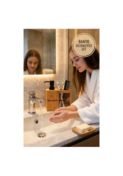 Kamptek Ahşap Bambu Banyo Düzenleyici Set - Katı + Sıvı Sabunluk Ve Diş Fırçalık Organizer Renkli