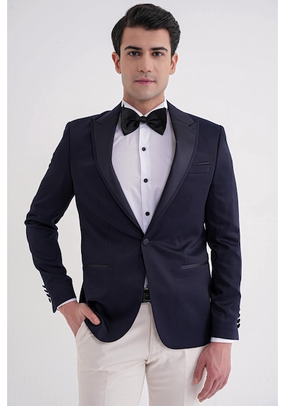 Black 035 Slim Fit Saten Yaka Çift Yırtmaçlı Tek Düğmeli Lacivert Damatlık Smokin Ceket Lacivert