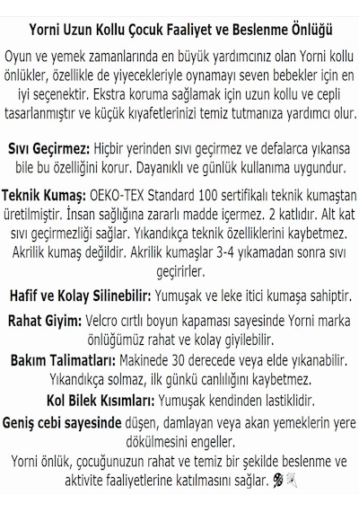 Yorni 2-5yaş, Family, Sıvı Geçirmez, Cepli,uzun Kollu,bebek Mama Önlüğü Çok Renkli