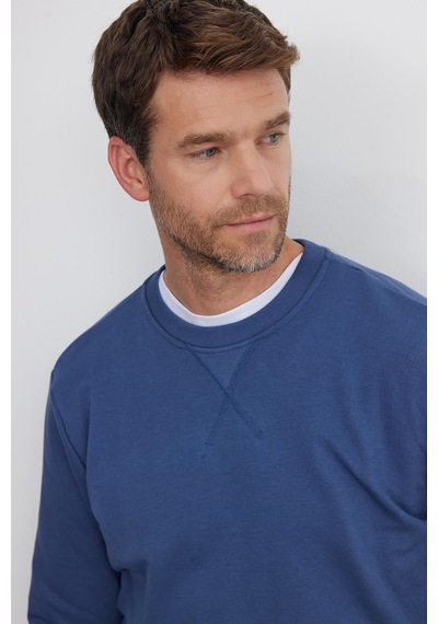 Tudors Unisex Relax Fit Rahat Kesim %100 Pamuk 3 İplik Basic İndigo Bisiklet Yaka Sweatshirt-35152 İndigo