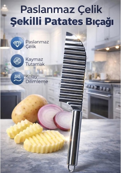 Bastırılarak Kesen Şekilli Patates Dilimleyici Bıçak 1 Adet Pratik Kolay Kullanım Sebze Kesme Krom Bastırılarak Kesen Şekilli Patates Dilimleyici Bıçak 1 Adet Pratik Kolay Kullanım Sebze Kesme Krom