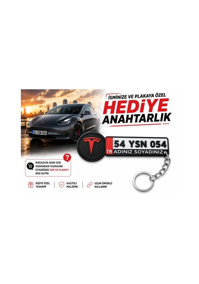 Tesla Logolu Ve Plakalı Anahtarlık , Kişiye Özel - Hediyelik Tesla Araç Plaka Anahtarlık - Plakalık