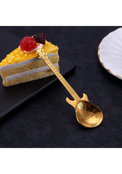 Jojobebek Gold Renk Gitar Tasarımlı Paslanmaz Çelik Kaşık ve Paslanmaz Çelik Çatal + Saklama Kutusu Sarı