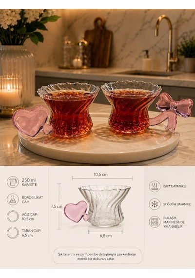 Morponi 2'li Pembe Kalp Ve Fiyonk Kulplu Borosilikat Cam Kupa Seti 250 Ml Şeffaf