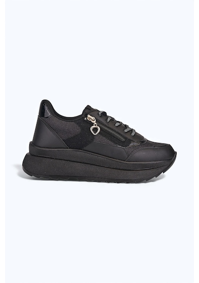 Nstil Günlük Kadın Spor Ayakkabı Sim Detaylı Bağcıklı Fermuarlı Hafif Kalın Taban Sneaker 0846 Siyah