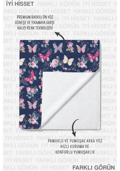 Kelebek Gül Çiçekli Lacivert Plaj Havlusu-romantik Vintage Pembe Mor Hızlı Kuruyan Mikrofiber Havlu Bulut Çayı