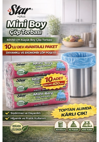 Star Plus Mini Boy Çöp Torbası 40'lı 10 Paket 40x50 Cm Dayanıklı Sızdırmaz Küçük Boy Çöp Poşeti
