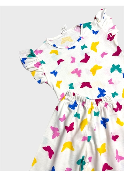 Aliş Kids Kız Çocuk Pamuklu Beyaz Desenli Kolları Fırfırlı Şortlu Yazlık Pijama Takımı