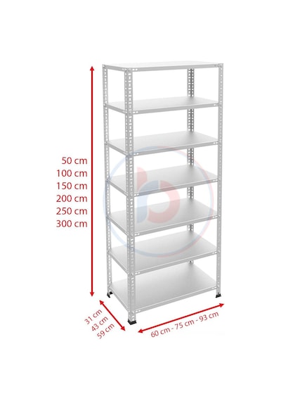 Raf Burada  7 Katlı Galvaniz Çelik Raf - Depo, Arşiv, Kiler, Dosya, Market Rafı-43x60 cm-100 cm-1.50 mm