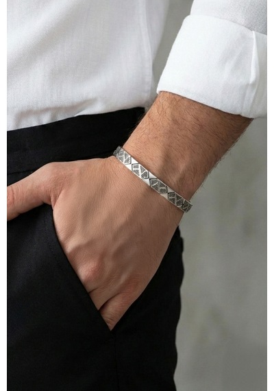 Modern Stil Gümüş Erkek Kelepçe Bileklik Gri