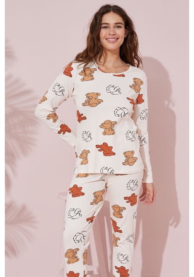 Siyah İnci Pamuklu Örme Pijama Takım 24241081 Ekru