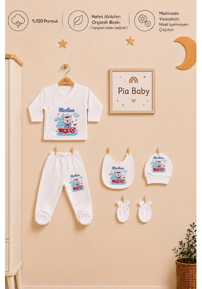 Pia Baby Erkek Bebek 6 Parça Zıbın Seti %100 Pamuk İsim Baskılı Kişiye Özel Battaniyeli Hastane Çıkışı 1087bz0x Krem