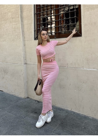 Kazax Çizgili Etekli Takım Pembe S3609 Pembe